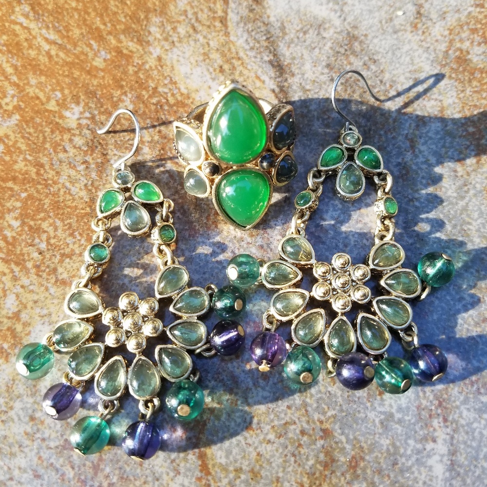 Earrings-Ring Set in Gold, Purple & Green